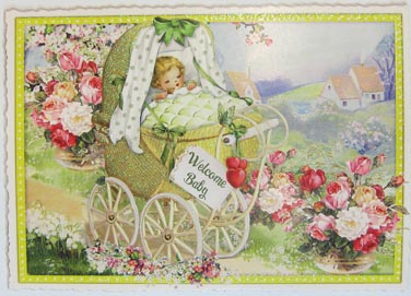Postkarte Rand gezackt A6 Welcome Baby / Kinderwagen